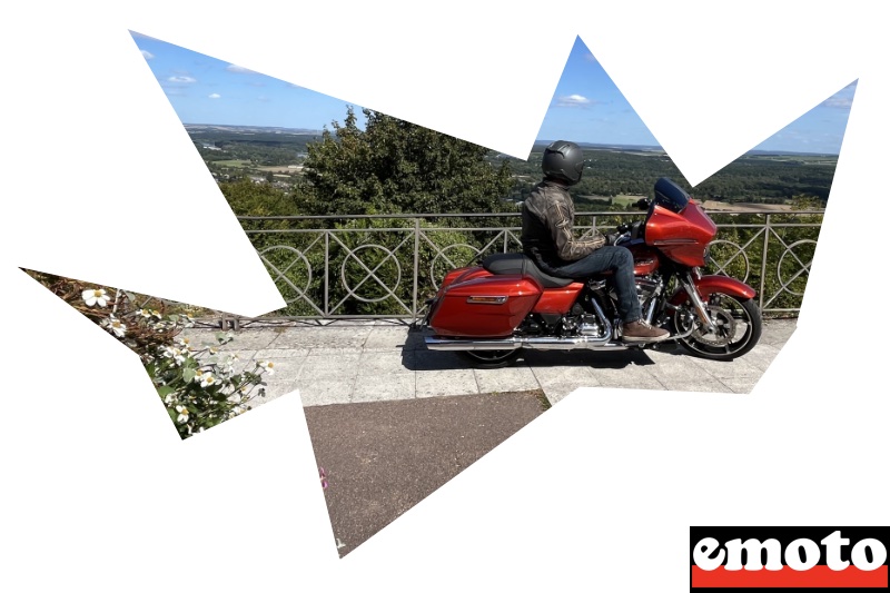 numero 8 harley davidson street glide 2024 devant le panorama d une ville medievale sur les bords de loire connue pour son vin